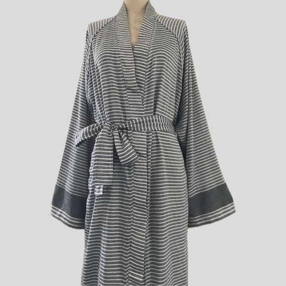 Mullen Design Co Gray Striped Cotton Neutral Mid Length Turkish Cotton Robe - S - Picture 2 of 5